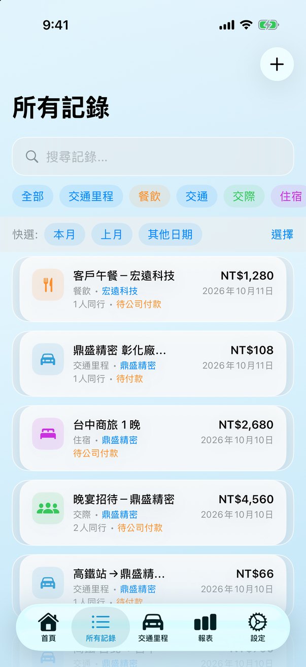 業務報帳記錄列表：客戶餐費、高鐵、住宿、交通里程依日期整理，標示待公司付款