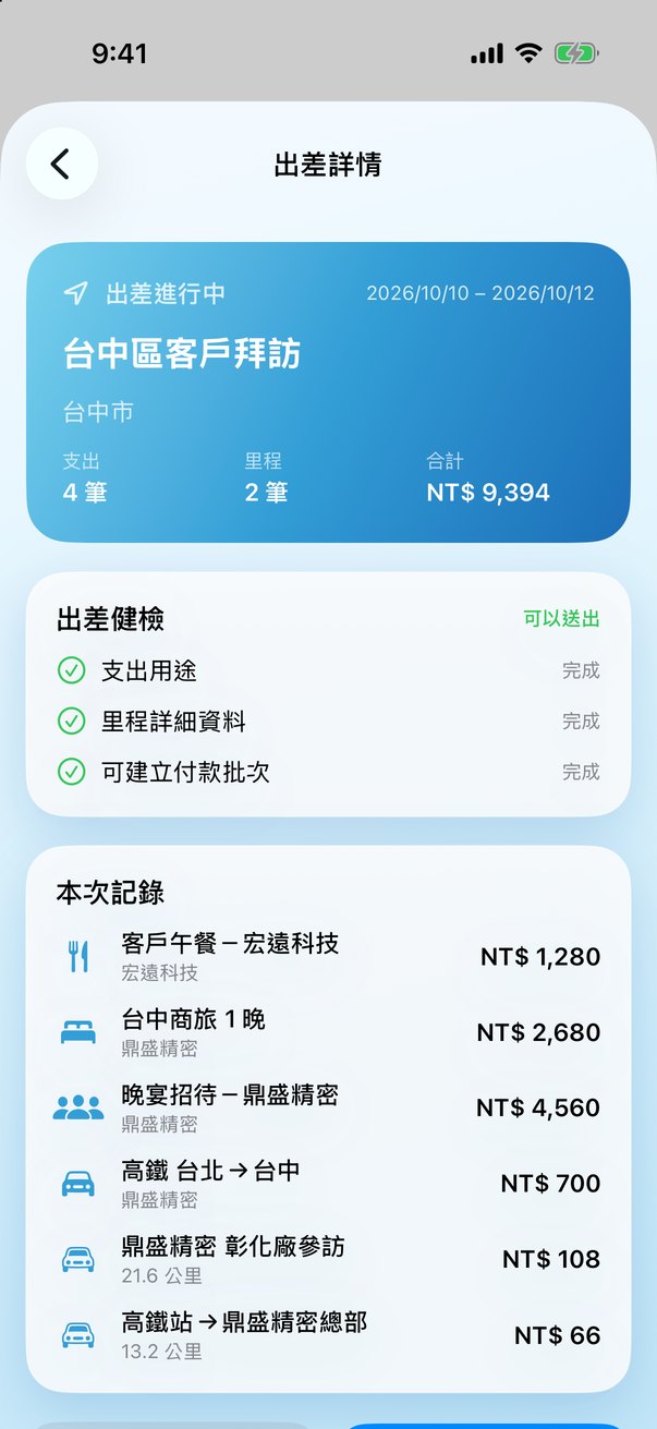 出差報帳：一趟出差的支出與里程合計，出差健檢顯示可以送出
